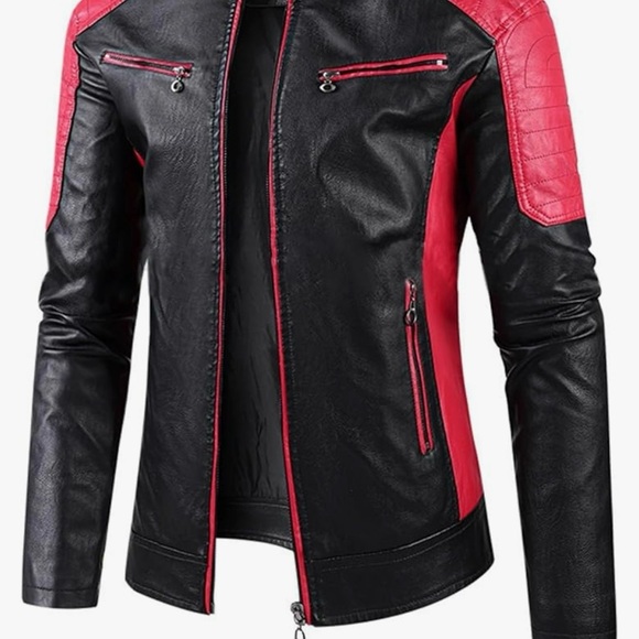 MEN’S STAND COLLAR LEATHER JACKET FALL TRENDY COLOR BLOCK BIKER JACKET FULL ZIP - Picture 2 of 7